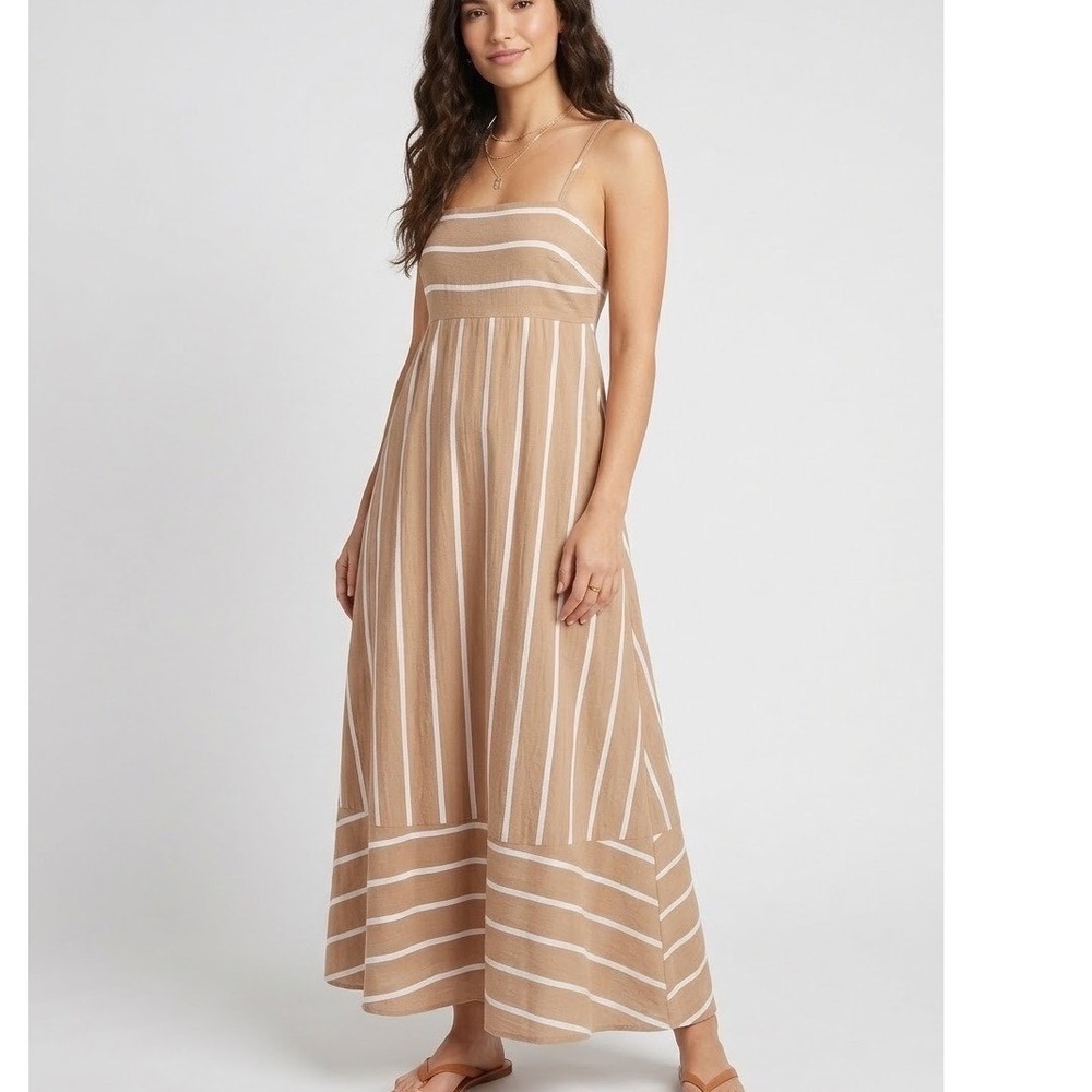 P&P Brea Tan White Striped Cotton Maxi Dress Smocked Back L